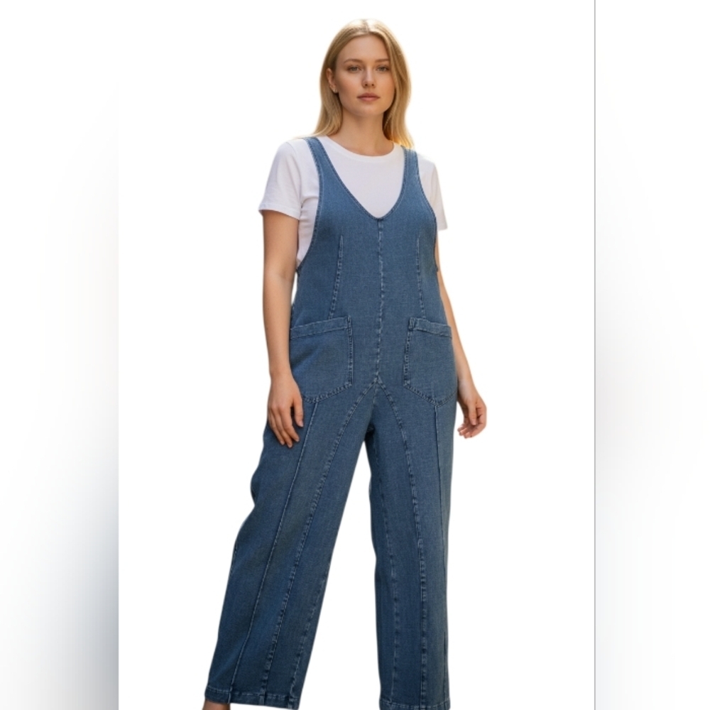 Exlura Denim Overalls Sleeveless Straight Leg Adjustable Shoulder Jumpsuit Sz M